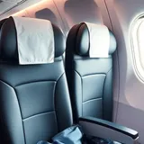 Passageiro olhando para o bilhete de executiva enquanto aponta para poltrona da classe econômica em avião