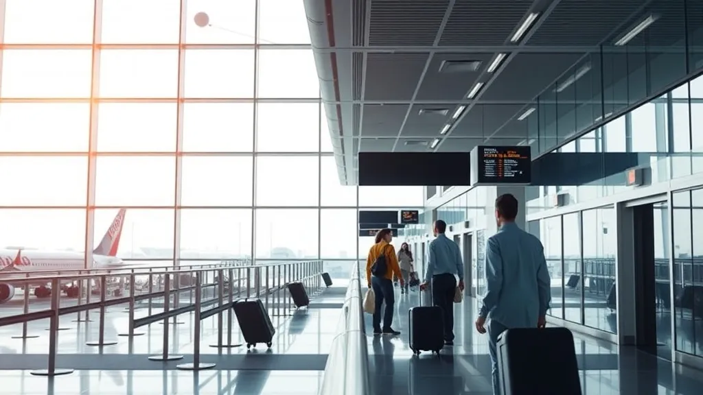 Terminal de aeroporto moderno com portão de embarque e passageiros caminhando em corredor amplo e iluminado