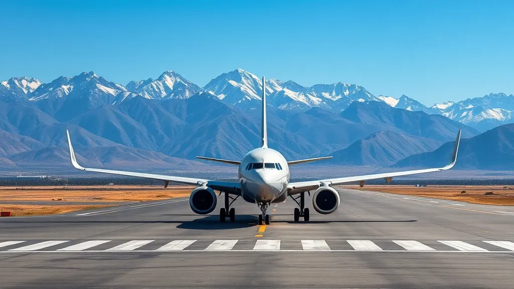 Avião Boeing 737 MAX em pátio de aeroporto com montanhas ao fundo em dia claro