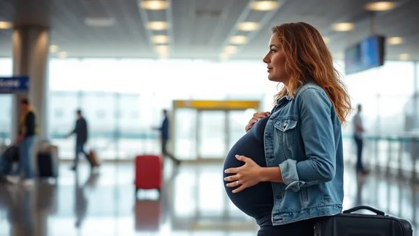 Mulher grávida segurando passagem aérea e mala de mão em sala de embarque de aeroporto iluminado