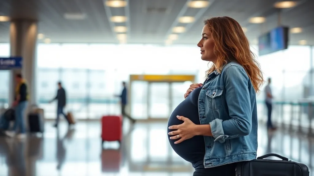 Mulher grávida segurando passagem aérea e mala de mão em sala de embarque de aeroporto iluminado