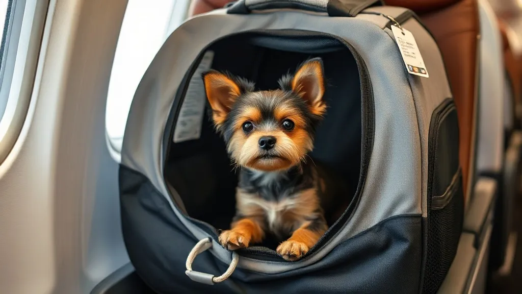 Cachorro pequeno dentro de bolsa de transporte aprovada para cabine sobre poltrona de avião