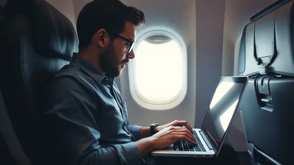 Passageiro usando notebook em cabine de avião durante voo internacional