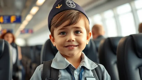 Criança com mochila pequena sendo acompanhada por comissária de bordo em corredor de aeroporto