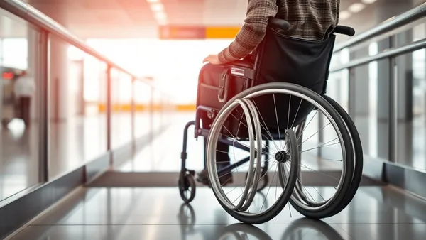 Passageiro em cadeira de rodas sendo embarcado em avião com assistência de funcionário do aeroporto