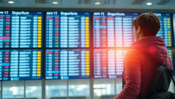 Passageira mexendo no celular diante de um painel de partidas em aeroporto, decidindo remarcar voo