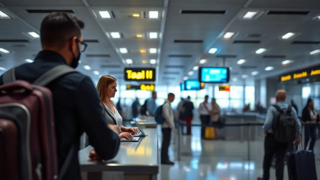 Balcão de check-in em aeroporto brasileiro com painel iluminado e passageiros aguardando atendimento
