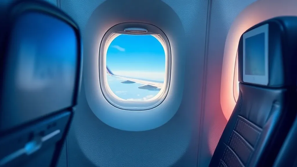 Cabine azul de avião com poltronas e janela iluminada, representando escolha entre Azul Fidelidade e Smiles para resgatar passagens Azul