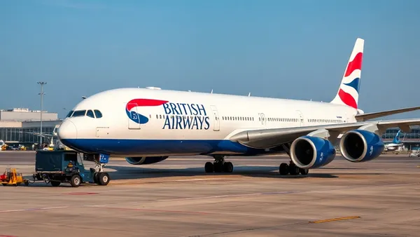 Avião da British Airways estacionado no pátio de um aeroporto internacional