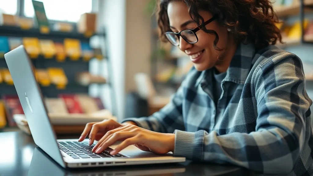 Pessoa comprando online no notebook com cartão de crédito ao lado, acumulando pontos