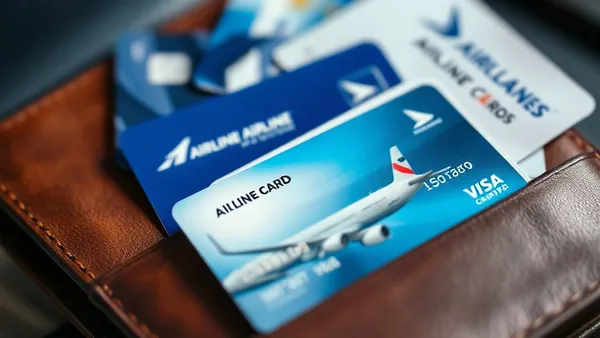 Conjunto de cartões de fidelidade de companhias aéreas dentro de uma carteira aberta sobre mesa de madeira