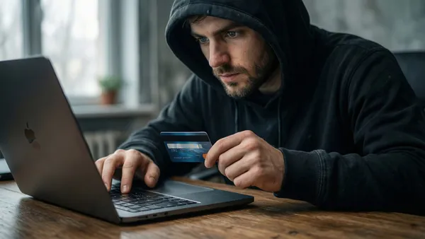 Notebook com alerta de segurança e cartão de crédito sobre a mesa, representando fraude em conta de milhas