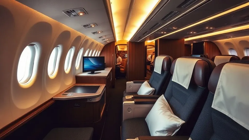 Cabine de classe executiva da Singapore Airlines com poltrona em couro e iluminação ambiente