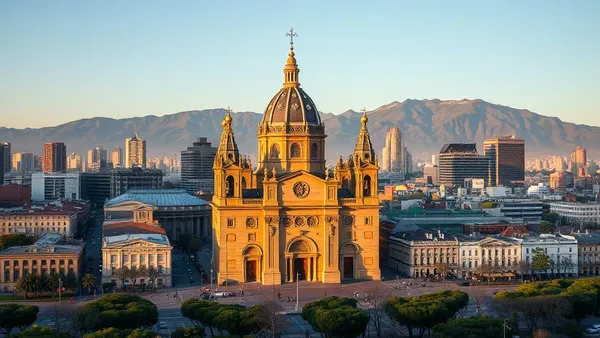 Vista da praça central de Santiago do Chile com catedral e prédios históricos