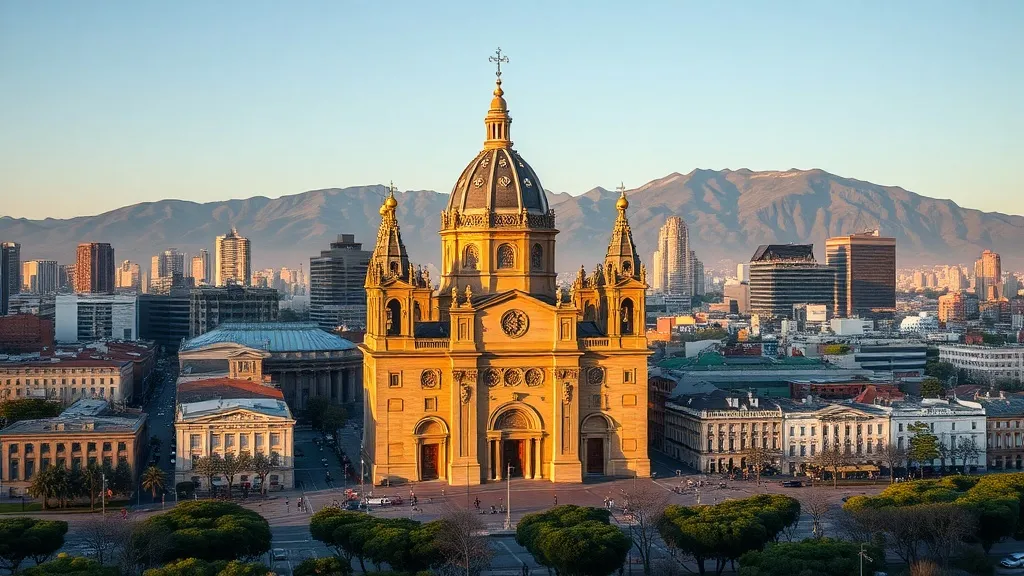 Vista da praça central de Santiago do Chile com catedral e prédios históricos