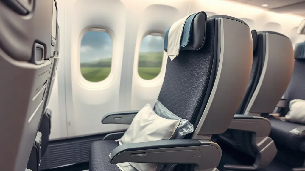 Poltrona de classe executiva em avião moderno vista de lado, com janela iluminada ao fundo, representando resgate de milhas em voos internacionais