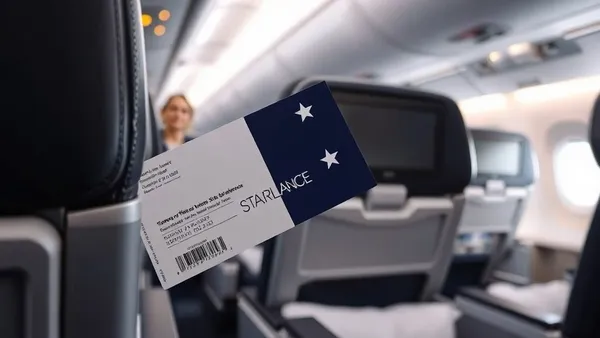 Cabine de classe executiva de avião com cartão de embarque e mapa de rotas Star Alliance ao fundo