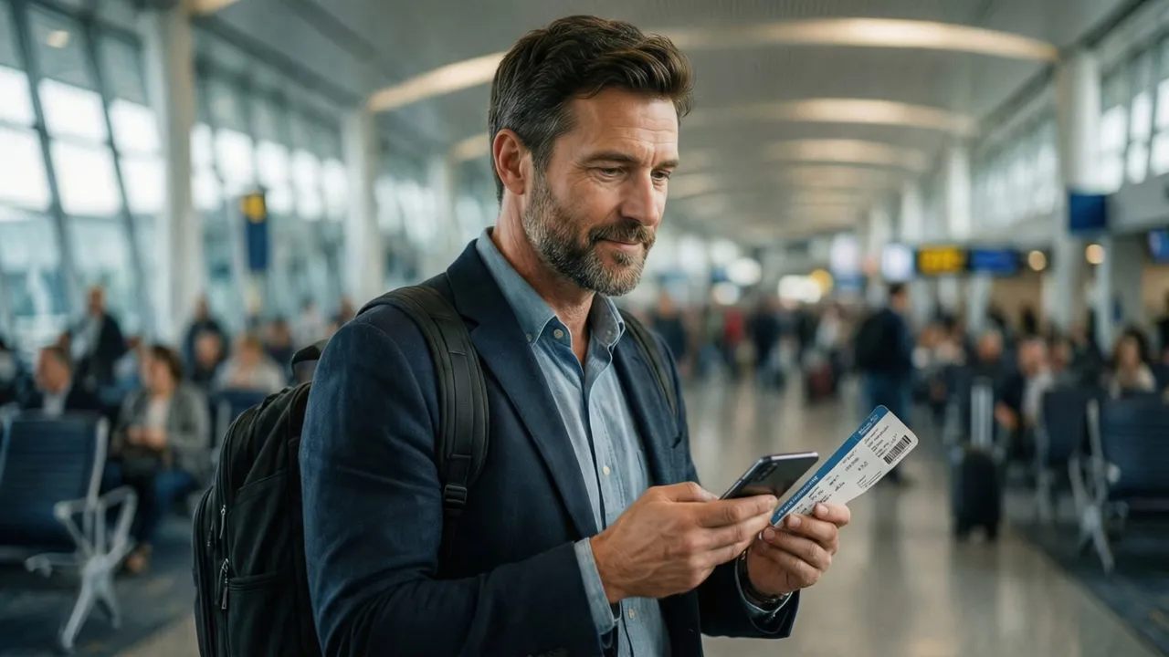 Viajante de negócios com mala de rodinhas e cartão de embarque no celular em corredor de aeroporto