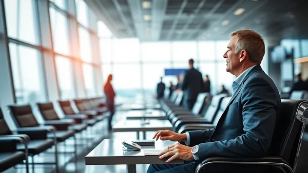 Saguão de aeroporto internacional com painel de voos e viajantes com malas, representando alianças aéreas globais