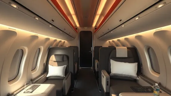 Cabine de classe executiva Qsuite da Qatar Airways com poltronas individuais e portas de privacidade