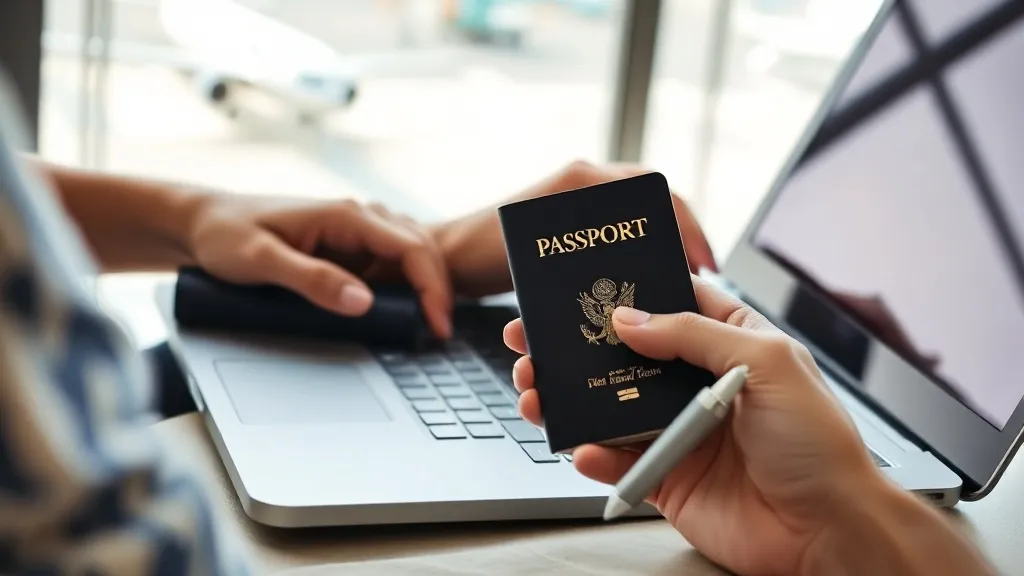 Pessoa planejando viagem com passaporte e notebook em aeroporto, representando a escolha do primeiro programa de milhas