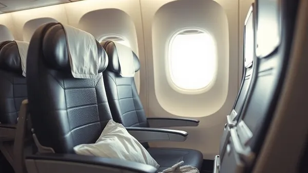 Cabine de avião com poltronas lado a lado e logotipos de programas de fidelidade representando comparativo Smiles, Latam Pass e Azul Fidelidade