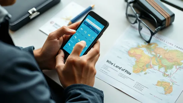 Pessoa usando o celular para acessar app de programa de milhas, com cartões de embarque e mapa de viagem sobre a mesa, representando a dúvida sobre transferir milhas entre programas