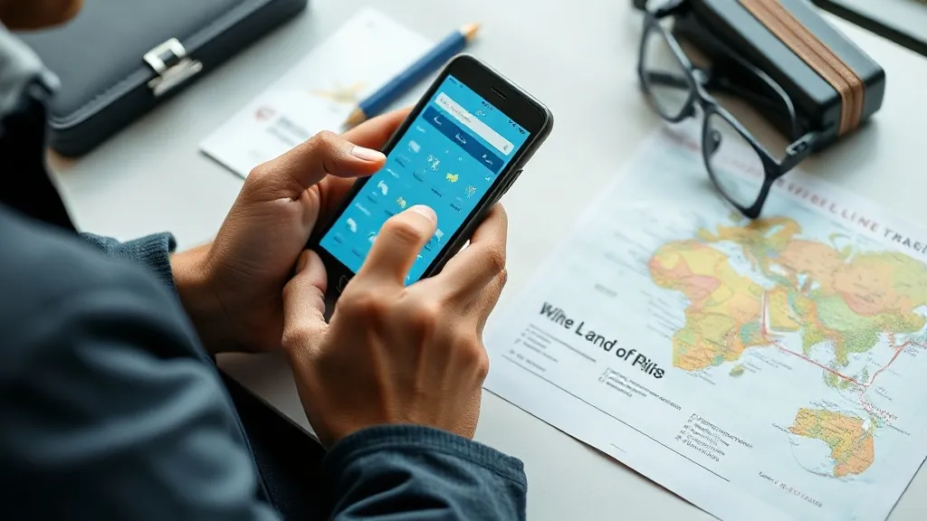 Pessoa usando o celular para acessar app de programa de milhas, com cartões de embarque e mapa de viagem sobre a mesa, representando a dúvida sobre transferir milhas entre programas