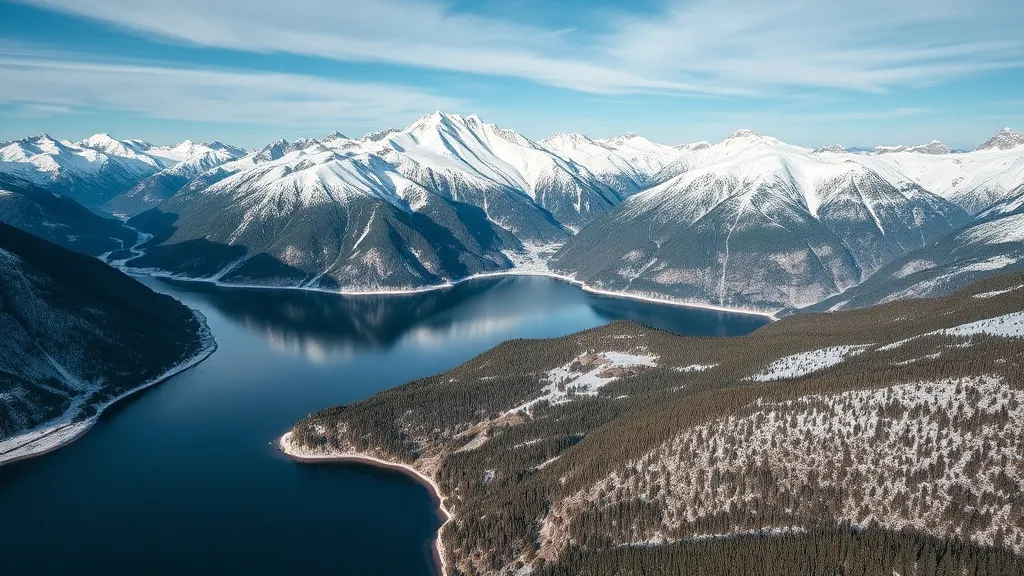 Vista aérea de Bariloche com lago Nahuel Huapi e montanhas nevadas ao fundo