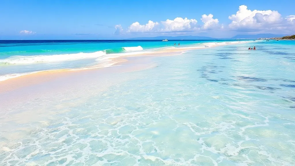 Praia de Cancún com mar turquesa das Caraíbas e palmeiras em primeiro plano