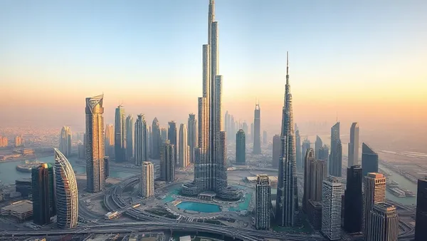 Vista aérea da skyline de Dubai com o Burj Khalifa ao centro