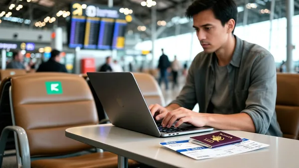 Pessoa emitindo passagem no notebook com passaporte sobre a mesa