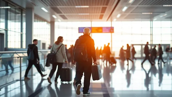 Passageiro em terminal de aeroporto durante conexão entre voos, com painel de embarque ao fundo