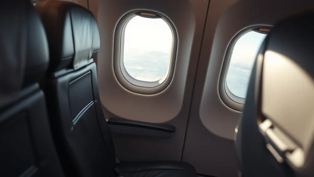 Cabine de classe econômica em voo transatlântico com janela e assento de avião