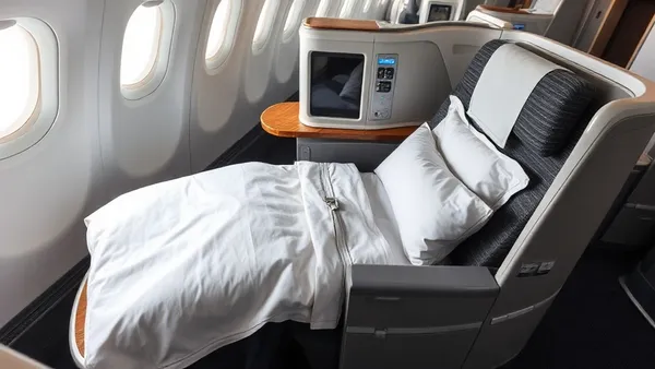 Cabine de classe executiva de companhia aérea de longa distância com poltronas lie-flat individuais