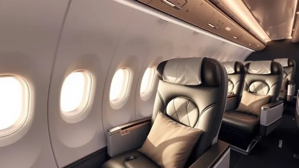 Cabine executiva de avião com poltronas largas em couro cinza e iluminação ambiente azul