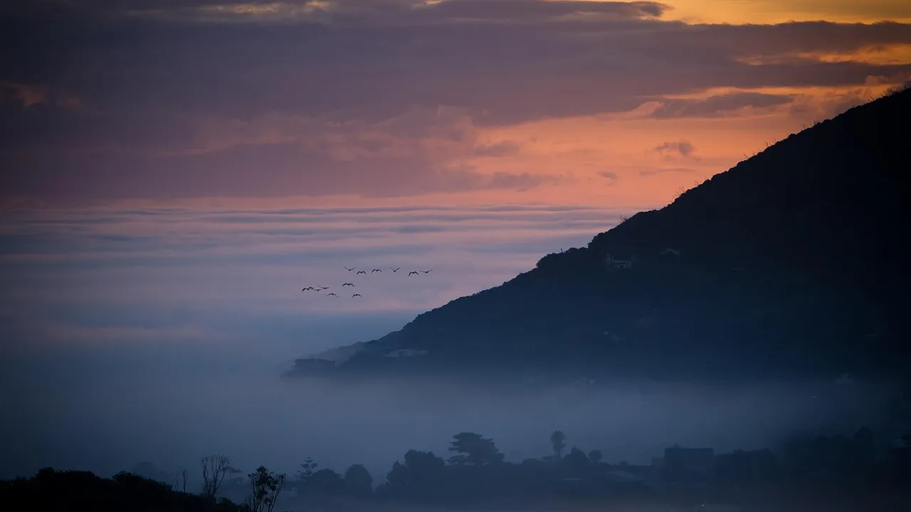 Vista aérea de cidade litorânea com montanha ao fundo ao entardecer