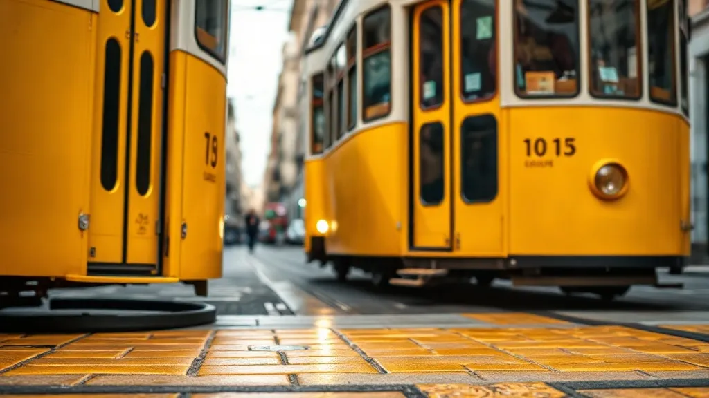 Bonde amarelo histórico subindo rua de paralelepípedos em Lisboa com fachadas de azulejo