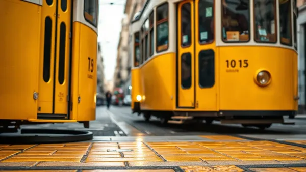 Bonde amarelo histórico subindo rua de paralelepípedos em Lisboa com fachadas de azulejo