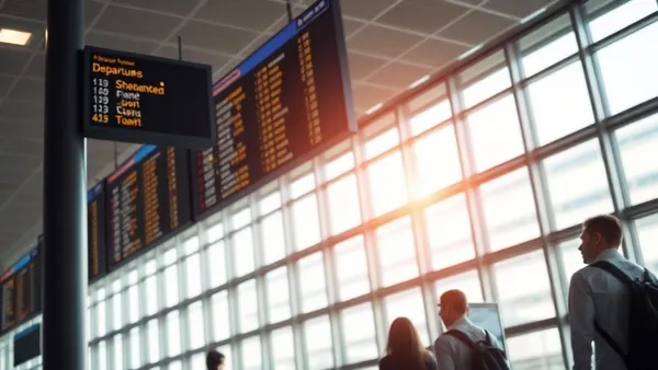 Painel de horários de voos em aeroporto com passageiros aguardando