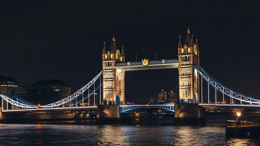 Vista aérea da Tower Bridge de Londres iluminada à noite com o rio Tâmisa refletindo as luzes da cidade