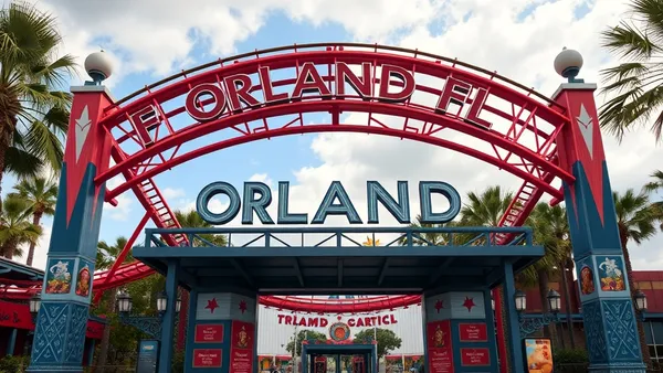 Entrada de parque temático em Orlando, Flórida, com montanha-russa ao fundo