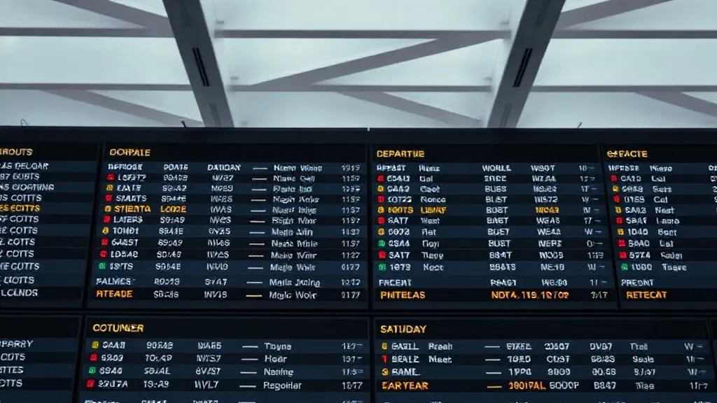 Painel de partidas de aeroporto ao lado de um calendário de planejamento de viagem