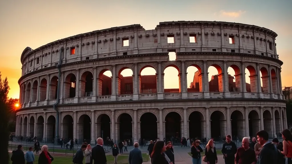 Vista do Coliseu de Roma ao entardecer com céu alaranjado e turistas caminhando ao redor