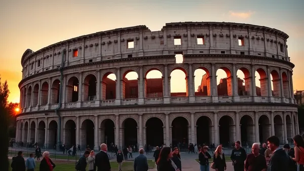 Vista do Coliseu de Roma ao entardecer com céu alaranjado e turistas caminhando ao redor