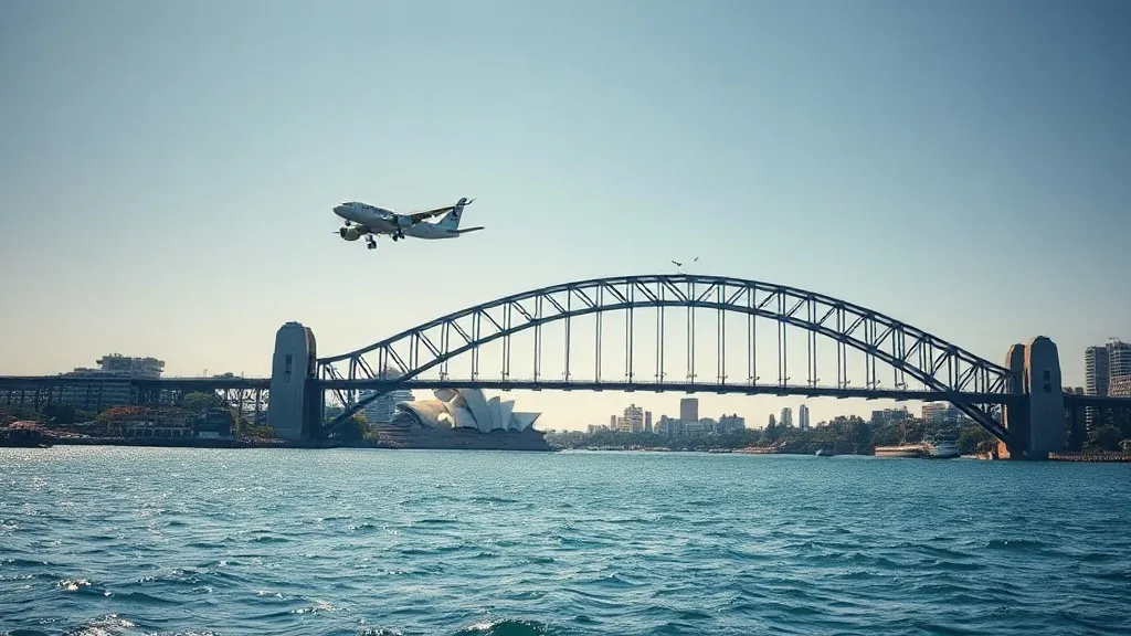 Sydney Opera House e Harbour Bridge vistos de cima com avião sobrevoando a cidade
