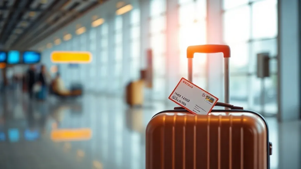 Cartão-chave de hotel e mala de viagem sobre o balcão do aeroporto, representando conversão de pontos de hospedagem em milhas aéreas