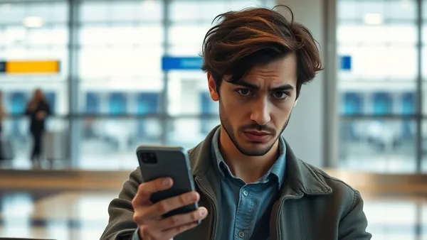 Pessoa sentada no portão de embarque olhando o celular com expressão preocupada
