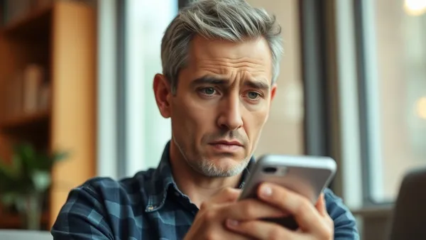 Pessoa preocupada olhando o aplicativo do banco no celular após erro de transferência