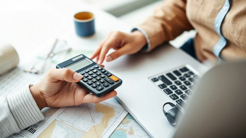 Pessoa planejando viagem com calculadora e laptop avaliando transferência de pontos
